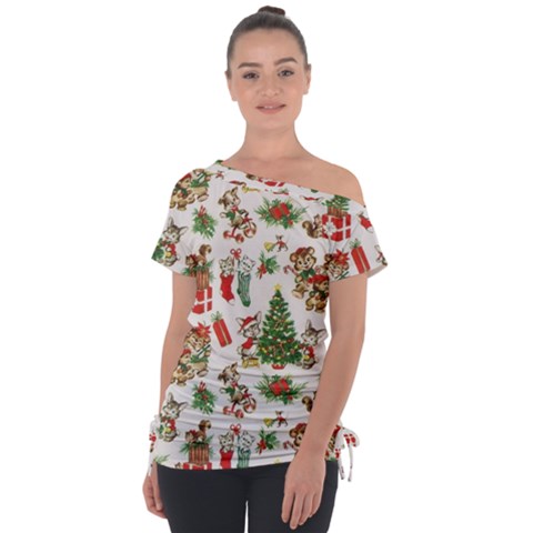 Christmas Texture, Pattern, Red, Tree, Craciun, Green, Christmas Off Shoulder Tie-up T-shirt by kyorashop23