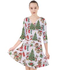 Christmas Texture, Pattern, Red, Tree, Craciun, Green, Christmas Quarter Sleeve Front Wrap Dress