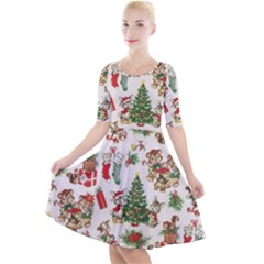 Christmas Texture, Pattern, Red, Tree, Craciun, Green, Christmas Quarter Sleeve A-Line Dress With Pockets