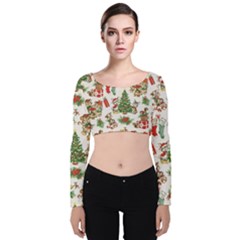 Christmas Texture, Pattern, Red, Tree, Craciun, Green, Christmas Velvet Long Sleeve Crop Top