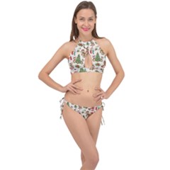 Christmas Texture, Pattern, Red, Tree, Craciun, Green, Christmas Cross Front Halter Bikini Set