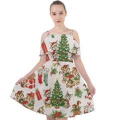 Christmas Texture, Pattern, Red, Tree, Craciun, Green, Christmas Cut Out Shoulders Dress