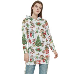 Christmas Texture, Pattern, Red, Tree, Craciun, Green, Christmas Women s Long Oversized Pullover Hoodie