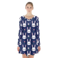 Cute Bunny Pattern, Easter, Koteto Long Sleeve Velvet V-neck Dress