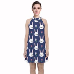 Cute Bunny Pattern, Easter, Koteto Velvet Halter Neckline Dress 