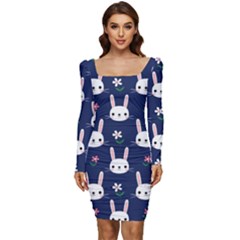 Cute Bunny Pattern, Easter, Koteto Women Long Sleeve Ruched Stretch Jersey Dress