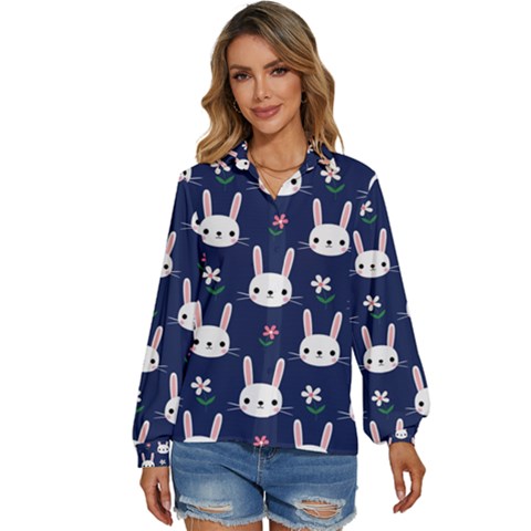 Cute Bunny Pattern, Easter, Koteto Women s Long Sleeve Button Up Shirt by kyorashop23