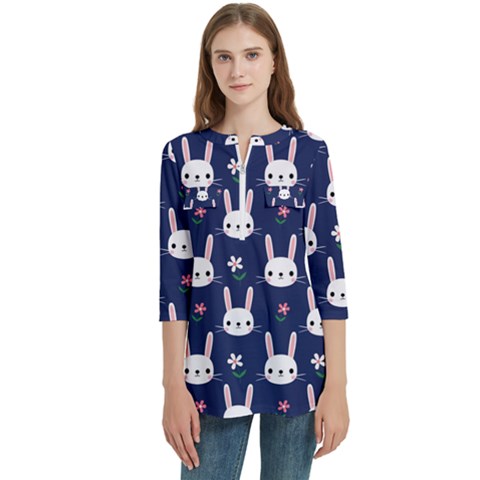 Cute Bunny Pattern, Easter, Koteto Women s Zip Front V-neck 3/4 Sleeve Casual Top Pocket Shirt by kyorashop23