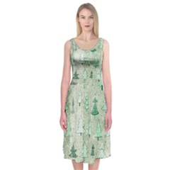 Green Christmas Trees, Cute, Doodle Midi Sleeveless Dress