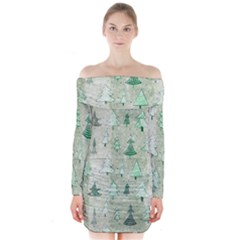 Green Christmas Trees, Cute, Doodle Long Sleeve Off Shoulder Dress