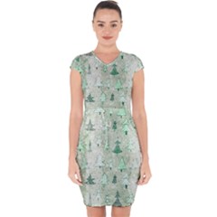 Green Christmas Trees, Cute, Doodle Capsleeve Drawstring Dress 