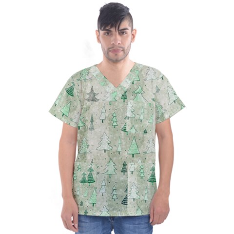 Green Christmas Trees, Cute, Doodle Men s V-neck Scrub Top by kyorashop23