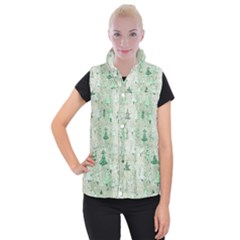 Green Christmas Trees, Cute, Doodle Women s Button Up Vest