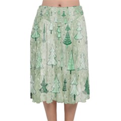 Green Christmas Trees, Cute, Doodle Velvet Flared Midi Skirt