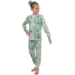 Green Christmas Trees, Cute, Doodle Kids  Long Sleeve Set 