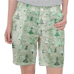 Green Christmas Trees, Cute, Doodle Women s Pocket Shorts