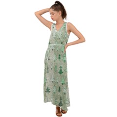 Green Christmas Trees, Cute, Doodle V-neck Chiffon Maxi Dress