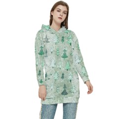 Green Christmas Trees, Cute, Doodle Women s Long Oversized Pullover Hoodie