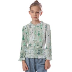 Green Christmas Trees, Cute, Doodle Kids  Frill Detail T-shirt