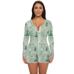 Green Christmas Trees, Cute, Doodle Long Sleeve Boyleg Swimsuit