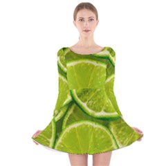 Lime Slices Close Up, Fresh, Fruit, Green Lemon Long Sleeve Velvet Skater Dress