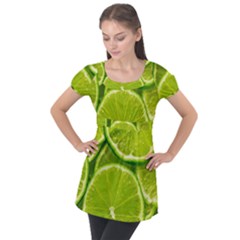 Lime Slices Close Up, Fresh, Fruit, Green Lemon Puff Sleeve Tunic Top by kyorashop23