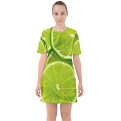 Lime Slices Close Up, Fresh, Fruit, Green Lemon Sixties Short Sleeve Mini Dress