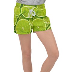 Lime Slices Close Up, Fresh, Fruit, Green Lemon Women s Velour Lounge Shorts by kyorashop23