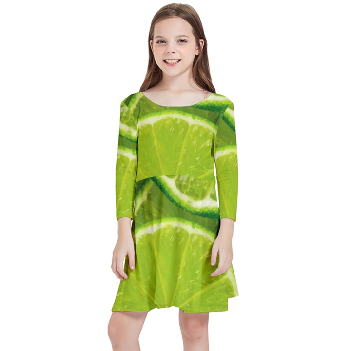 Lime Slices Close Up, Fresh, Fruit, Green Lemon Kids  Quarter Sleeve Skater Dress