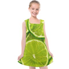 Lime Slices Close Up, Fresh, Fruit, Green Lemon Kids  Cross Back Dress by kyorashop23