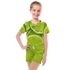 Lime Slices Close Up, Fresh, Fruit, Green Lemon Kids  Mesh T-shirt And Shorts Set