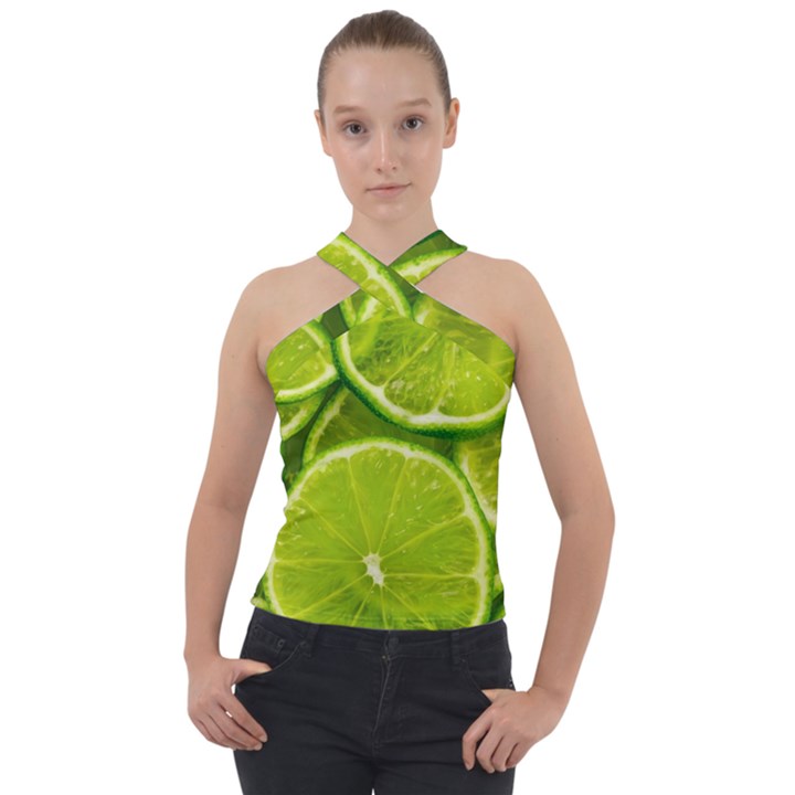 Lime Slices Close Up, Fresh, Fruit, Green Lemon Cross Neck Velour Top