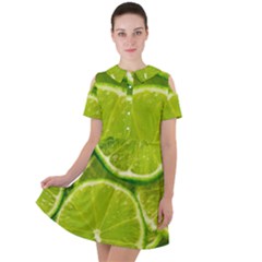 Lime Slices Close Up, Fresh, Fruit, Green Lemon Short Sleeve Shoulder Cut Out Dress 