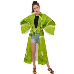 Lime Slices Close Up, Fresh, Fruit, Green Lemon Maxi Kimono by kyorashop23