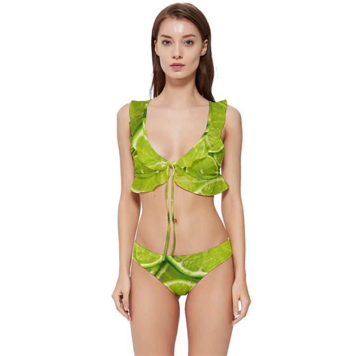 Lime Slices Close Up, Fresh, Fruit, Green Lemon Low Cut Ruffle Edge Bikini Set