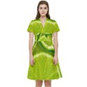 Lime Slices Close Up, Fresh, Fruit, Green Lemon Short Sleeve Waist Detail Dress View1