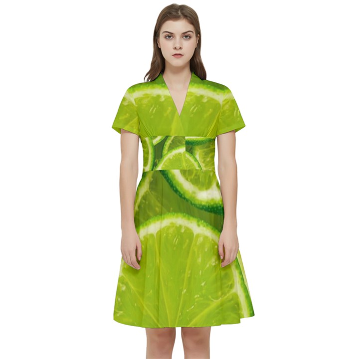 Lime Slices Close Up, Fresh, Fruit, Green Lemon Short Sleeve Waist Detail Dress