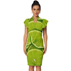 Lime Slices Close Up, Fresh, Fruit, Green Lemon Vintage Frill Sleeve V-neck Bodycon Dress by kyorashop23