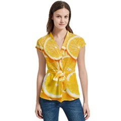 Oranges, Orange, Fruits Women s Cap Sleeve Mandarin Collar Waist Tie Blouse by kyorashop23