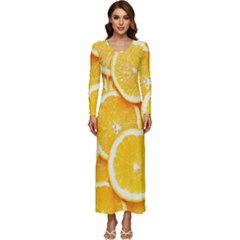 Oranges, Orange, Fruits Long Sleeve Longline Maxi Dress