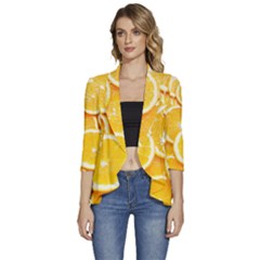 Oranges, Orange, Fruits Women s 3/4 Sleeve Ruffle Edge Open Front Jacket