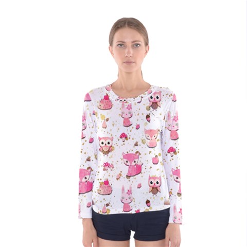 Pink Woodland Animals, Koteto Women s Long Sleeve T-shirt by kyorashop23