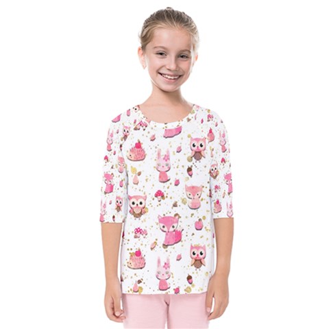 Pink Woodland Animals, Koteto Kids  Quarter Sleeve Raglan T-shirt by kyorashop23