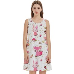 Pink Woodland Animals, Koteto Round Neck Sleeve Casual Dress With Pockets