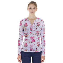 Pink Woodland Animals, Koteto V-neck Long Sleeve Top