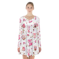 Pink Woodland Animals, Koteto Long Sleeve Velvet V-neck Dress