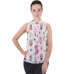 Pink Woodland Animals, Koteto Mock Neck Chiffon Sleeveless Top by kyorashop23