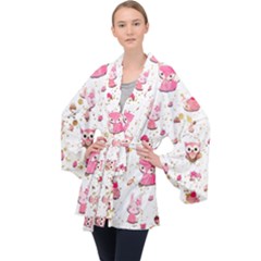 Pink Woodland Animals, Koteto Long Sleeve Velvet Kimono  by kyorashop23