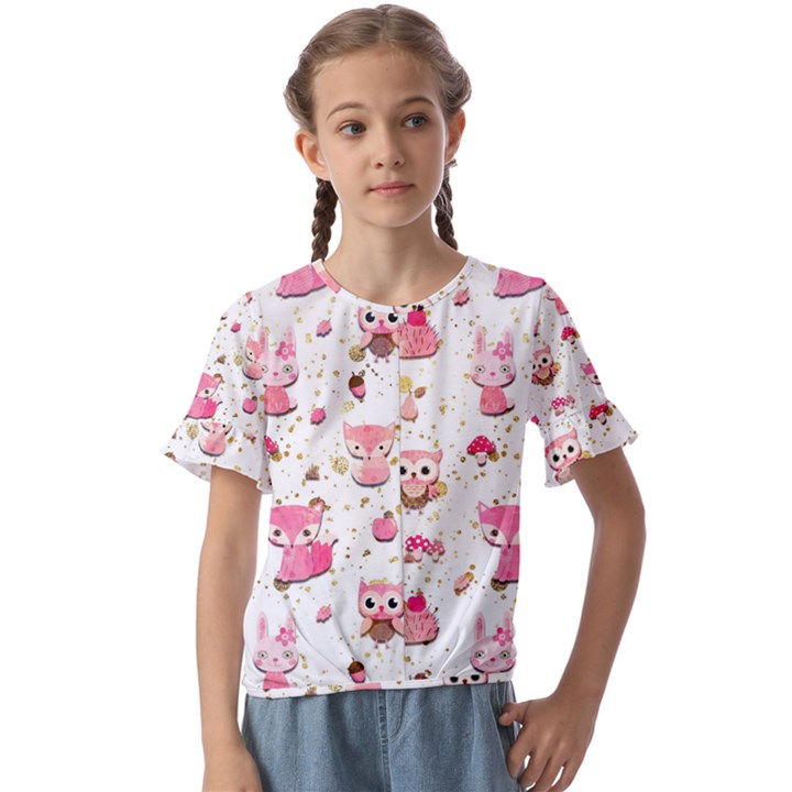 Pink Woodland Animals, Koteto Kids  Cuff Sleeve Scrunch Bottom T-Shirt