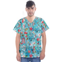 Snowy Winter Foliage, Adoxali, Christmas, Berry, Blue Men s V-neck Scrub Top